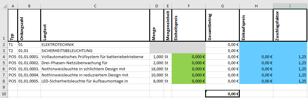 Faktor-Kalkulation-Excel Beispiel