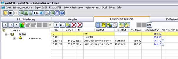 LV Liste mit Gesamtbeträgen und Titelsummen 