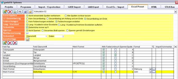 Excel Vorlage Kalkulation mit neuen Feldern