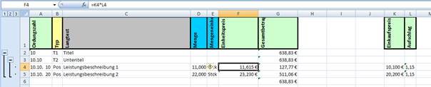 LV Excel Kalkulation mit neuen Spalten und Preisen